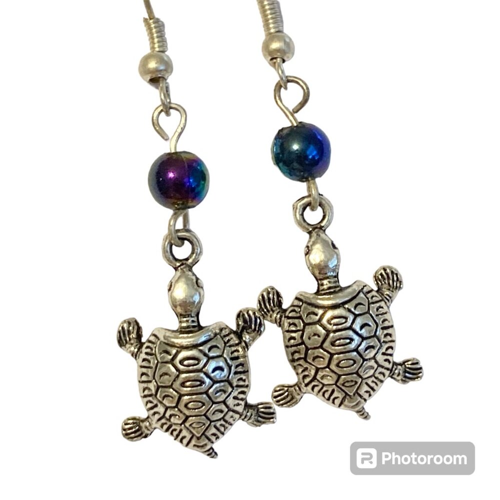 Tahitian Black Pearl Sea Turtle Earrings Silver Tone Nautical Island Dangle Faux